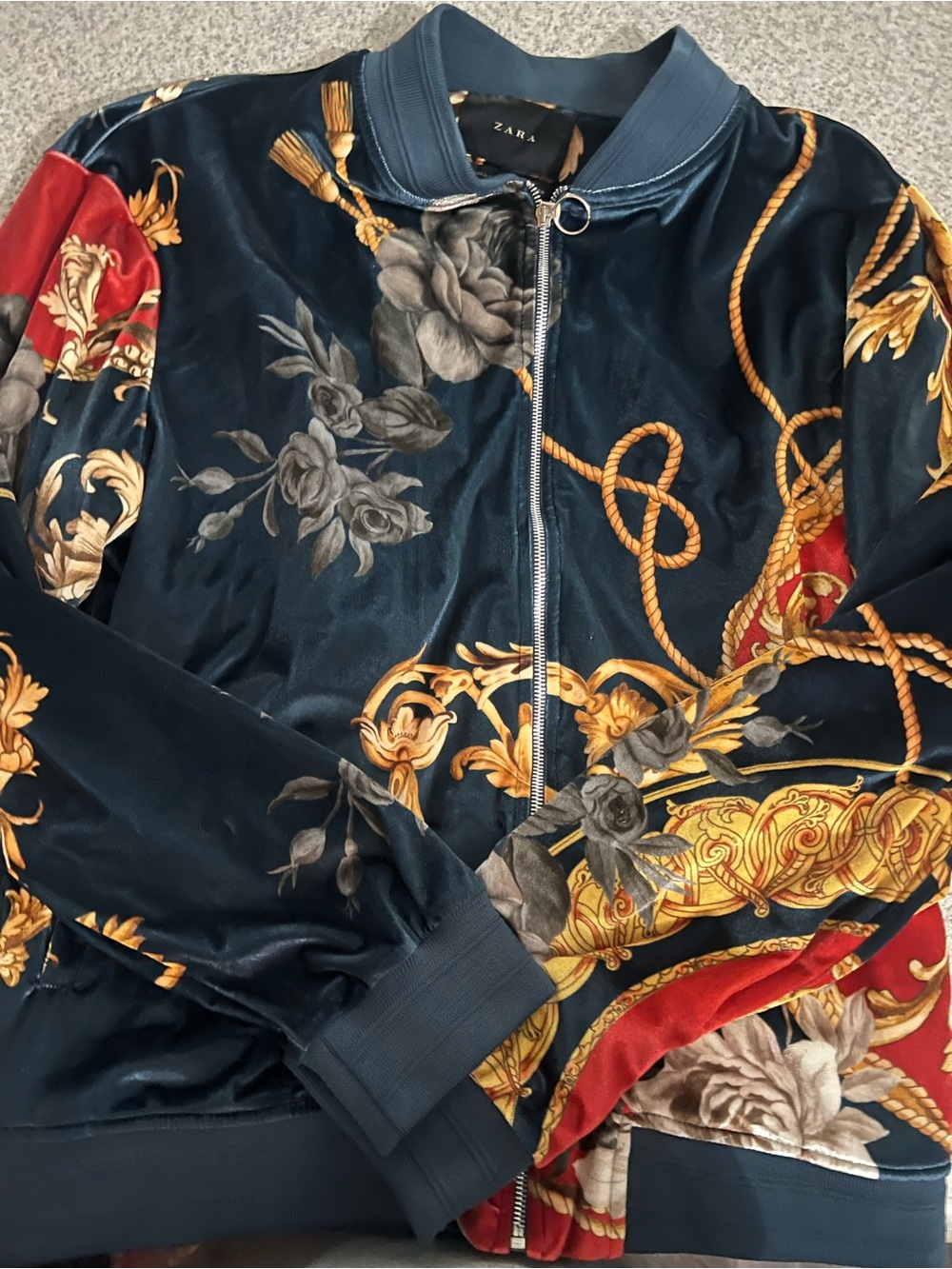 ZARA Navy Floral & Rope-Print Bomber Jacket with Red Accents